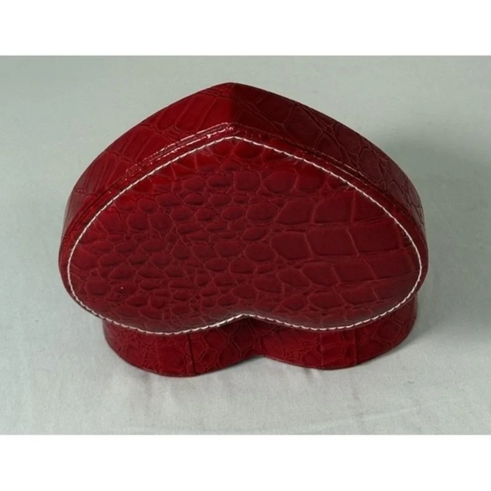 Red Faux Croc Heart Jewelry Box Travel Case Mirror Removable Tray Divided‎ 86-00